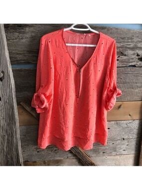 Reitmans Plus Size XXL Petite Coral Arrow Print Zipper Neck Blouse